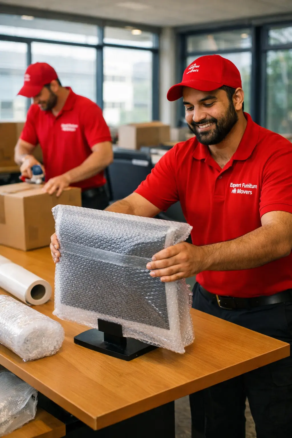 Office movers packing a computer monitor in Abu Dhabi
