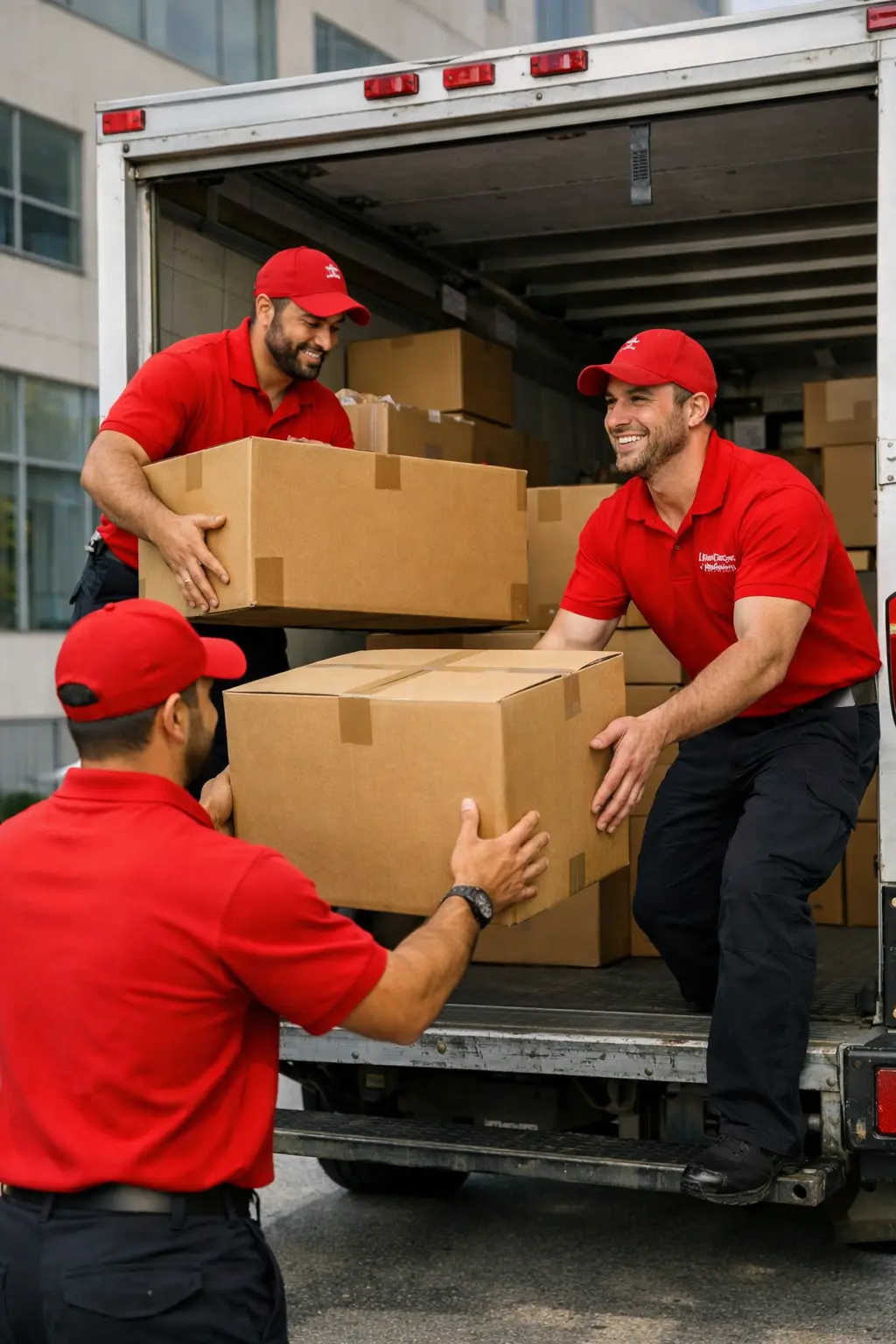 Office movers loading labelled boxes into the truck in Abu Dhabi