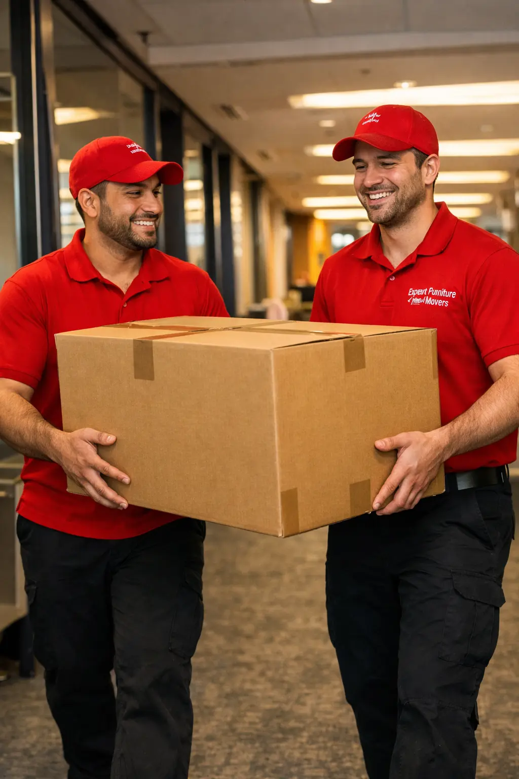 Two office movers in Abu Dhabi carrying a packed and labelled box