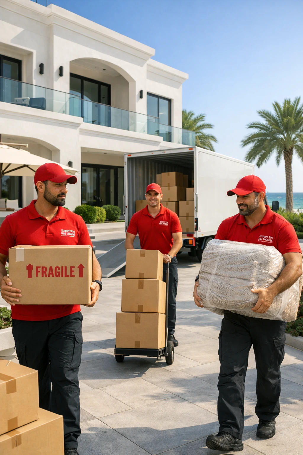 Villa packers and movers wrapping furniture in an Abu Dhabi villa