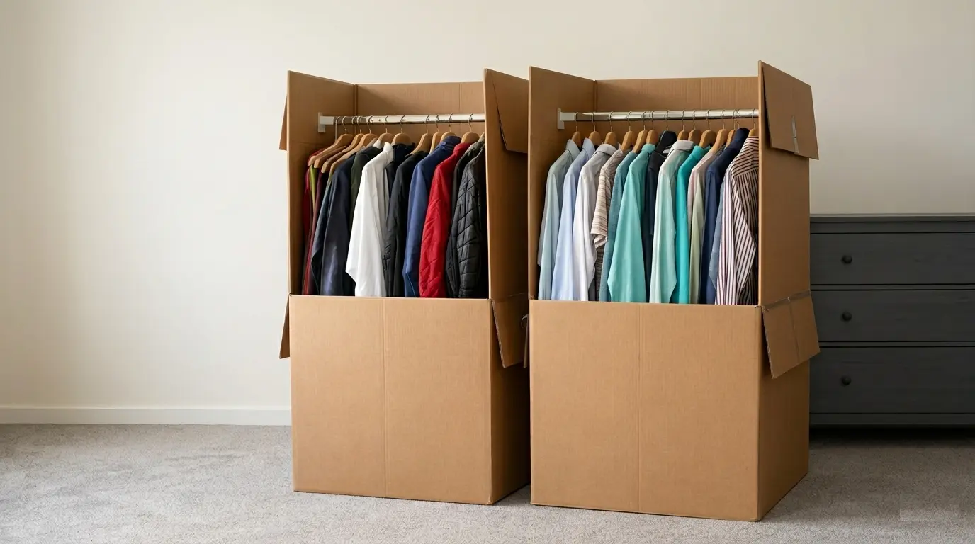Professional packers loading clothes into wardrobe boxes in Abu Dhabi