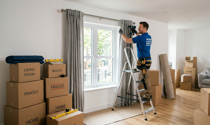 Expert Movers handyman fixing curtains in an Al Rayyana apartment in Abu Dhabi