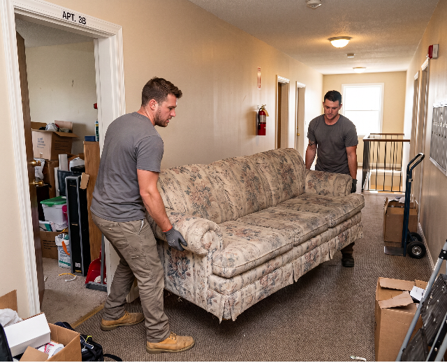 Old sofa removal in Abu Dhabi, junk removal crew carrying a sofa out of a home